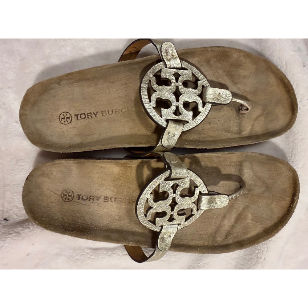 Tory Burch Miller Cloud Metallic Gold Logo Thong Sandal Cork Slide 9